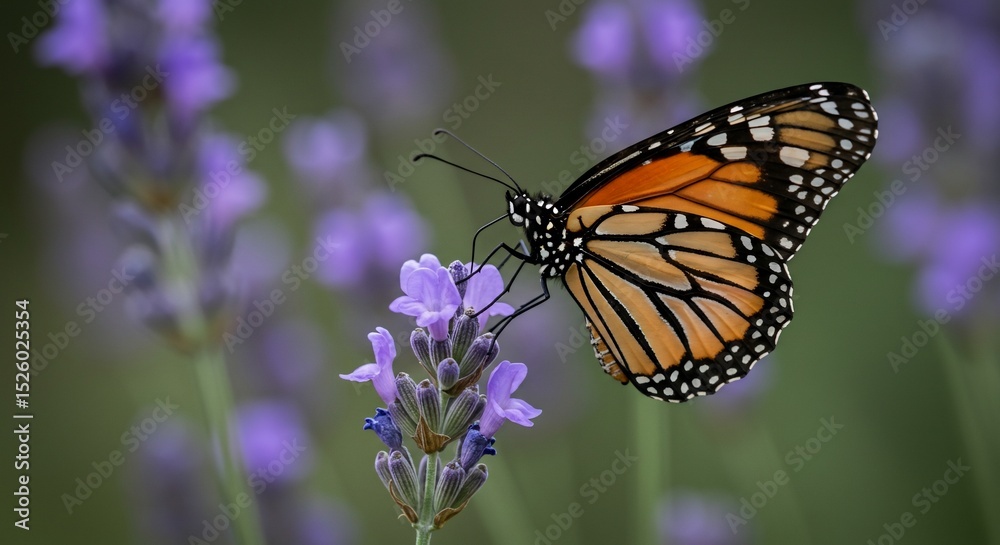 Fototapeta premium Monarch Butterfly on Lavender Flowers in a Garden Nature Scene