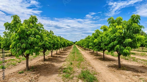 Rows of young pecan trees stretch under a bright blue sky, their green leaves dancing in the sunshine.
 photo