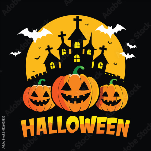 Halloween Night Illustration Pumpkins, Haunted Castle, Bats, and a Yellow Moon Shining Above