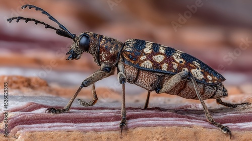 Detailed Close-Up of a Longhorn Beetle on Bark photo