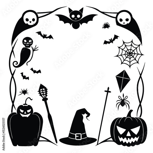 Halloween Silhouette Border Pumpkins, Ghosts, Bats, Witch Hat, Spider Web Decoration