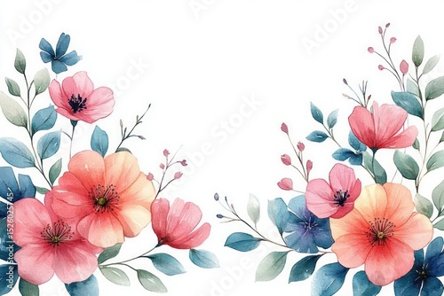 Delicate watercolor painting of pink and peach flowers with blue and green leaves arranged artistically on a white background conveying softness and elegance