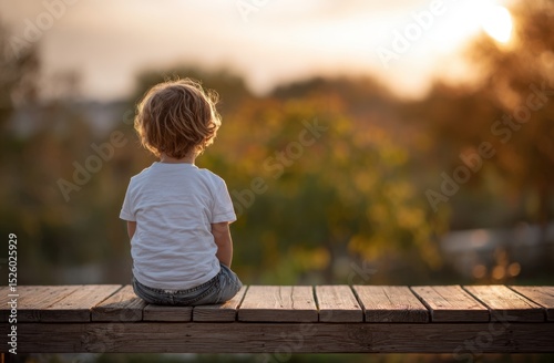 Child sits on wooden deck at sunset
