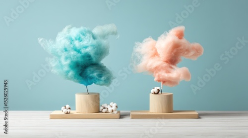 Two fluffy cotton candies, pastel colors, on wooden stands