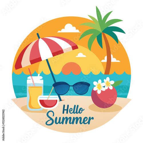 Hello Summer Beach Illustration with Drinks, Palm Tree, Beach Umbrella, and Sunglasses on Sunny Day