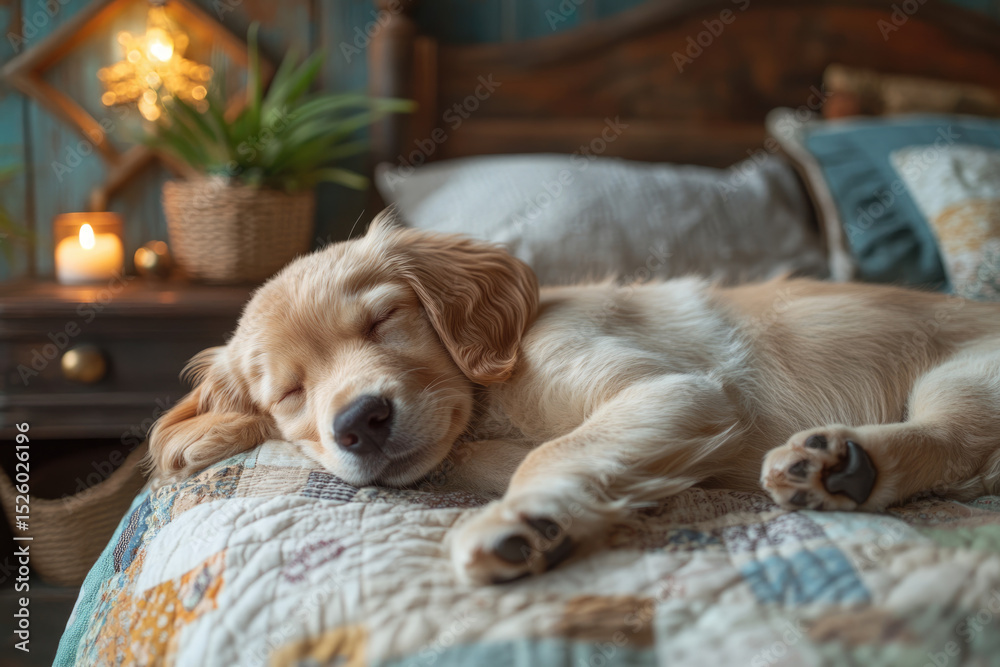 Obraz premium Calm and Cozy: A Golden Retriever Puppy Resting Next to Potted Aloe Vera