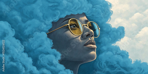 Abstract Portrait of a Face Emerging from a Blue Cloud with Gold Glasses