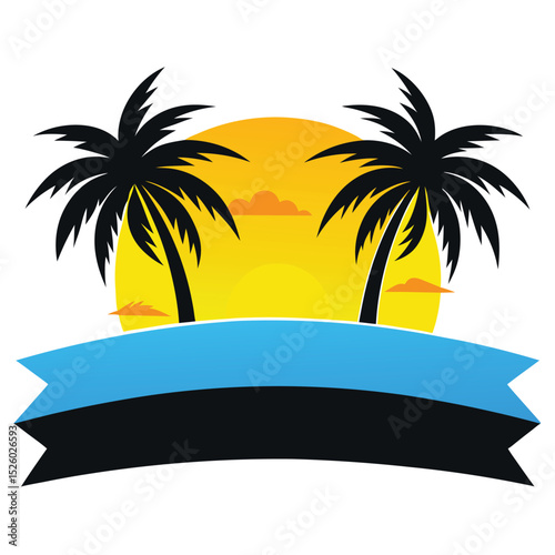 Palm Trees and a Sunset with a Blue Ribbon for Text Space