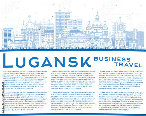Outline Lugansk city skyline with blue buildings and copy space. Luhansk cityscape with landmarks. Business travel and tourism concept with modern and historic architecture.