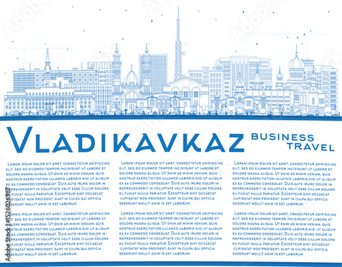Outline Vladikavkaz Russia city skyline with blue buildings and copy space. Vladikavkaz cityscape with landmarks. Business travel and tourism concept with modern and historic architecture.