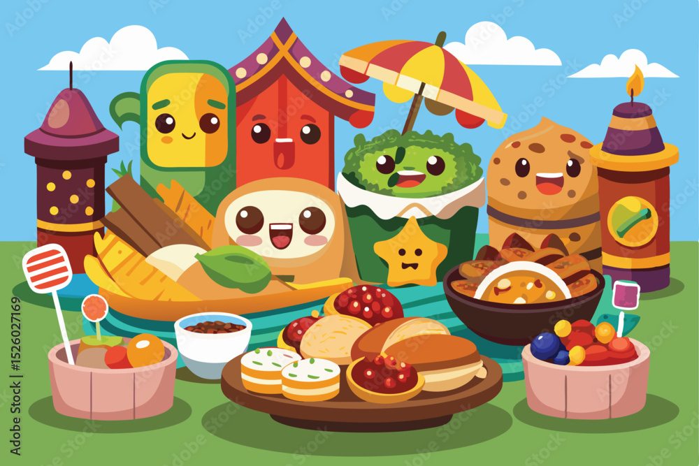 Obraz premium Cartoon Food Characters and Dishes Arranged on a Table Outdoors