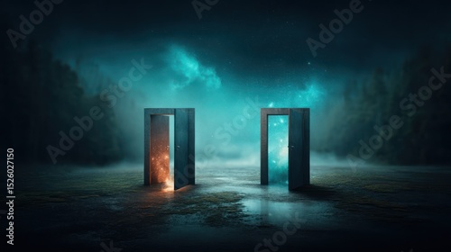 Two mystical doors, night, fog, mystery