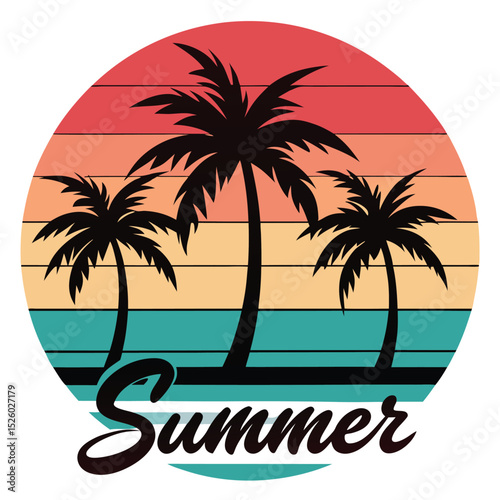 Wallpaper Mural Retro Palm Trees with Summer Text, Tropical Beach Sunset Illustration Torontodigital.ca