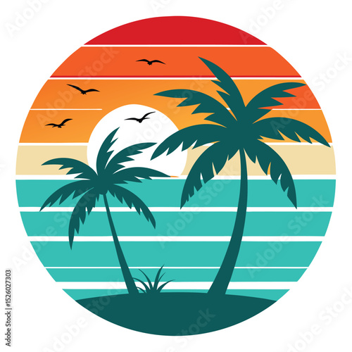 Retro Palm Tree Sunset Illustration with Birds and Tropical Feel