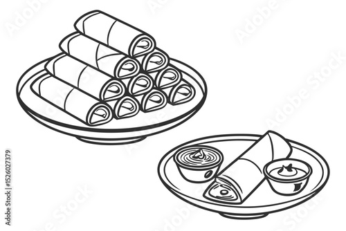 Outline Illustration of Spring Rolls with Dipping Sauce on Plates