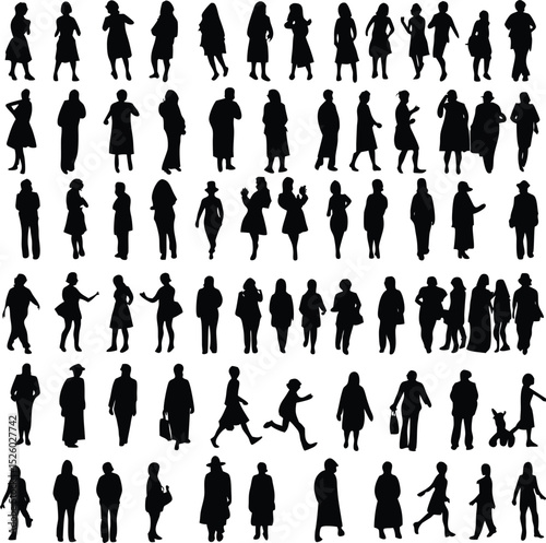 Collection of silhouette illustrations depicting diverse women poses in black and white