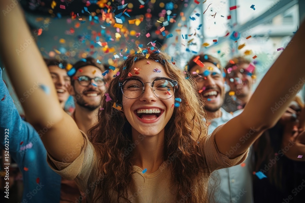 Obraz premium joyful young woman with glasses celebrating amidst colorful confetti and happy friends at a lively party indoors