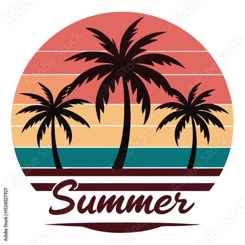 Wallpaper Mural Retro Summer Illustration Three Palm Trees Against a Colorful Striped Sunset Design Torontodigital.ca