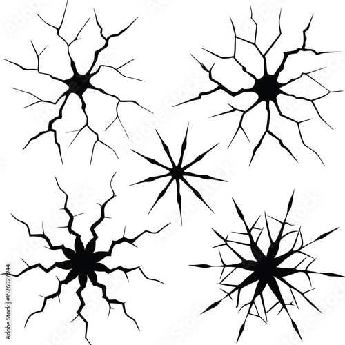 Abstract crack patterns or explosion starburst shapes black and white graphic design elements