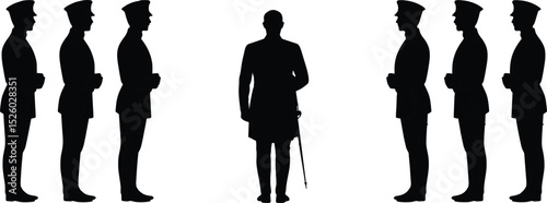 Vector illustration of military inspection ceremony, officer with sword facing soldiers, army discipline, formation, honor, leadership, training, and unity