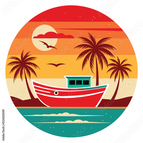 Retro Tropical Beach with Red Fishing Boat, Palm Trees, and Colorful Sunset