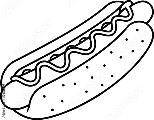Simple line art illustration of a classic american hot dog with mustard and bun