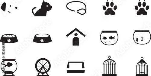 Pets — dog, cat, leash, paw print, food bowl, pet house, fish tank, hamster wheel, litter box, bird cage. black and white icon sheet