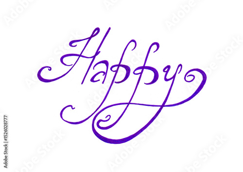 Lettering the word Happy. Purple blue color. Isolated on white background. Italic font. Thin lines, long rounded serifs, twisting in a spiral. Different shades of violet.