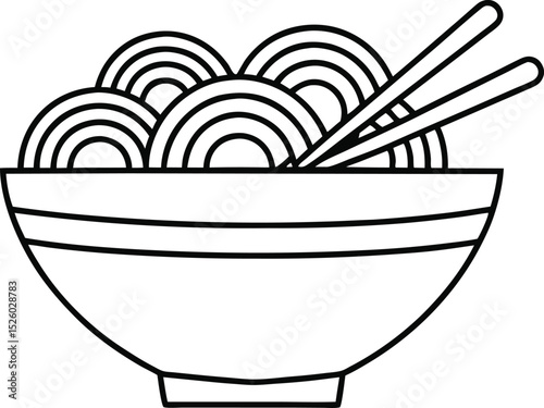 Monochrome illustration of noodles in a bowl with chopsticks representing asian cuisine