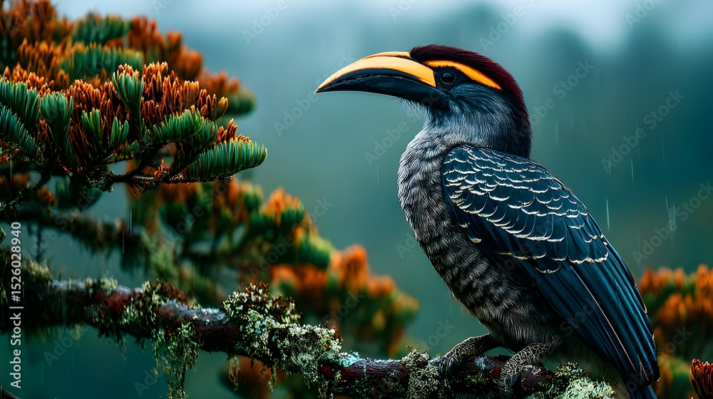 Obraz premium Tropical hornbill in flight, rainforest bird with colorful beak, jungle avian photography, endangered species in natural habitat