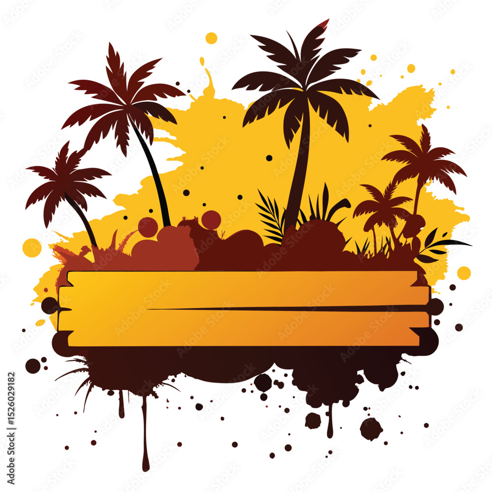 Silhouette Palm Trees Against Golden Splatter Background with Wooden Banner, Isolated on White