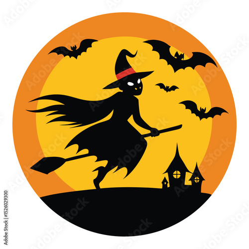 Silhouette Witch Flying on Broom with Bats and Spooky House on Halloween Night