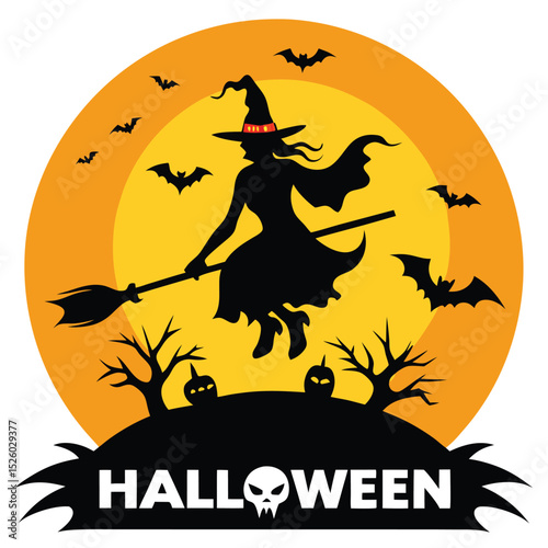 Silhouette Witch Flying on Broomstick in Full Moon with Bats and Pumpkins for Halloween