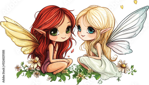 Charming Cartoon Illustration of Two Adorable Fairy Sisters Sitting Amongst Flowers Featuring Delicate Wings Expressive Eyes and a Whimsical Dreamlike Atmosphere on a White Background