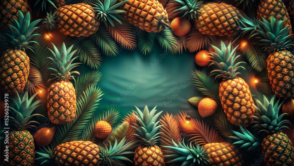 Fototapeta premium Tropical Summer Party Pineapple Themed Frame with Repeating Pattern