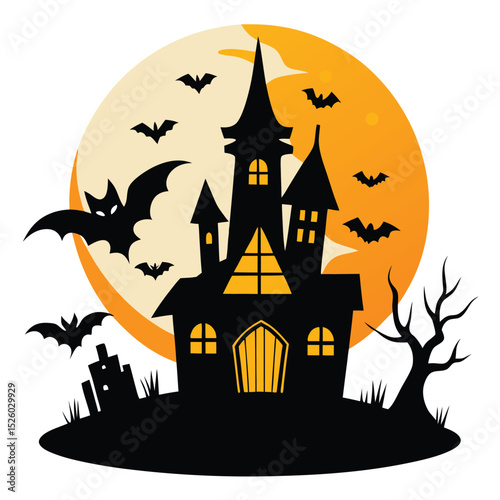 Spooky Halloween Castle Silhouette with Bats Against Yellow Moon Illustration