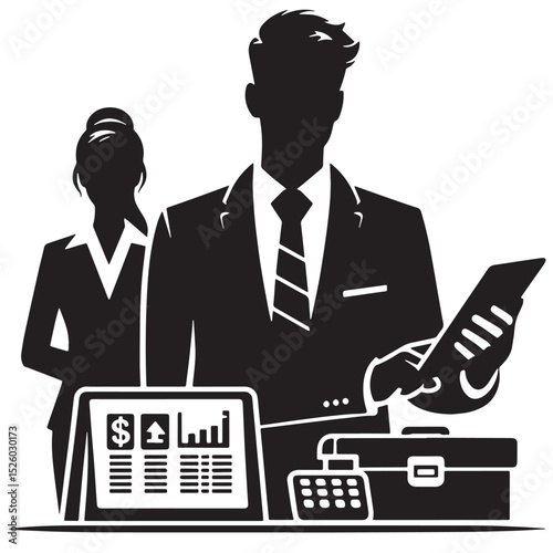 Business Accountants with Financial Data - Silhouette Illustration