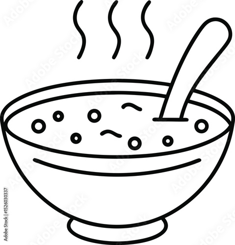 Simple black and white illustration of a bowl of hot soup with spoon and steam