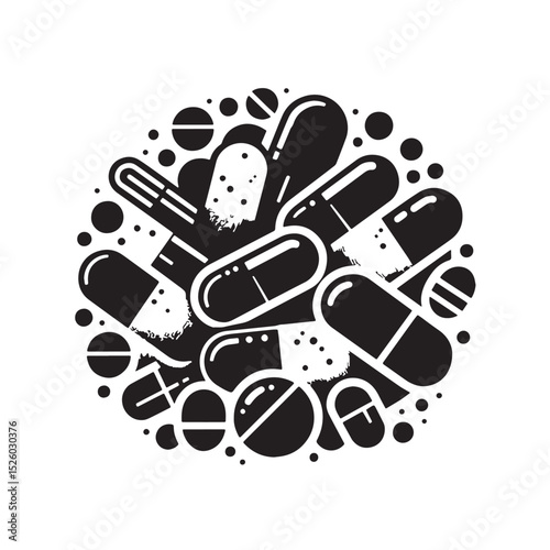Assorted Pills and Capsules - Black and White Medical Illustration