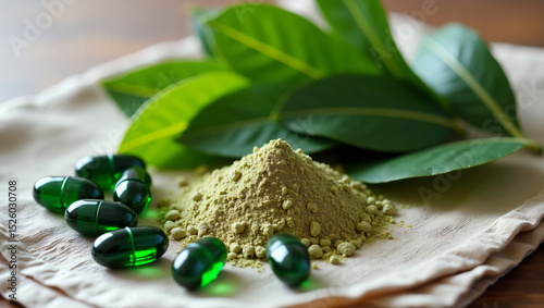 Botanical Elegance: Bay Leaves, Herbal Powder, and Supplement Capsules on Linen Backdrop