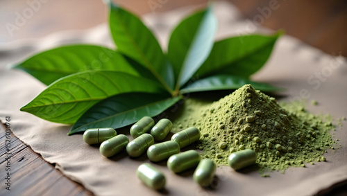 Botanical Elegance: Bay Leaves, Herbal Powder, and Supplement Capsules on Linen Backdrop