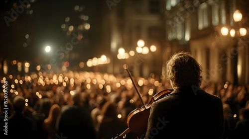 A violinist plays for a crowd at night in an urban setting with city lights creating a warm bokeh effect.