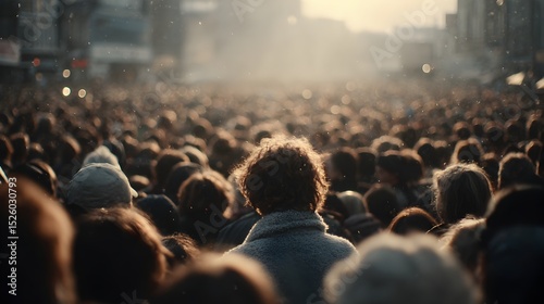 A large anonymous crowd of people congregates in a busy city street under bright sunlight and dust particles.