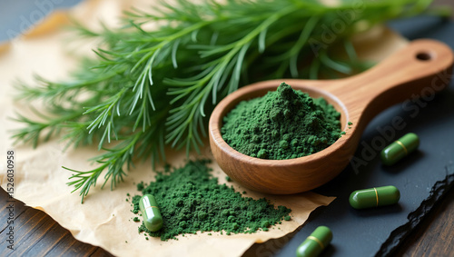 Delicate Dill Forms: Fresh Fronds, Herbal Powder, and Soft Capsules on Parchment