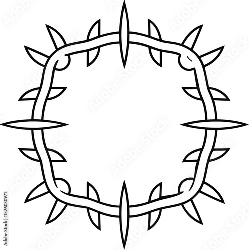 Simple black and white illustration of a circle formed by a crown of thorns