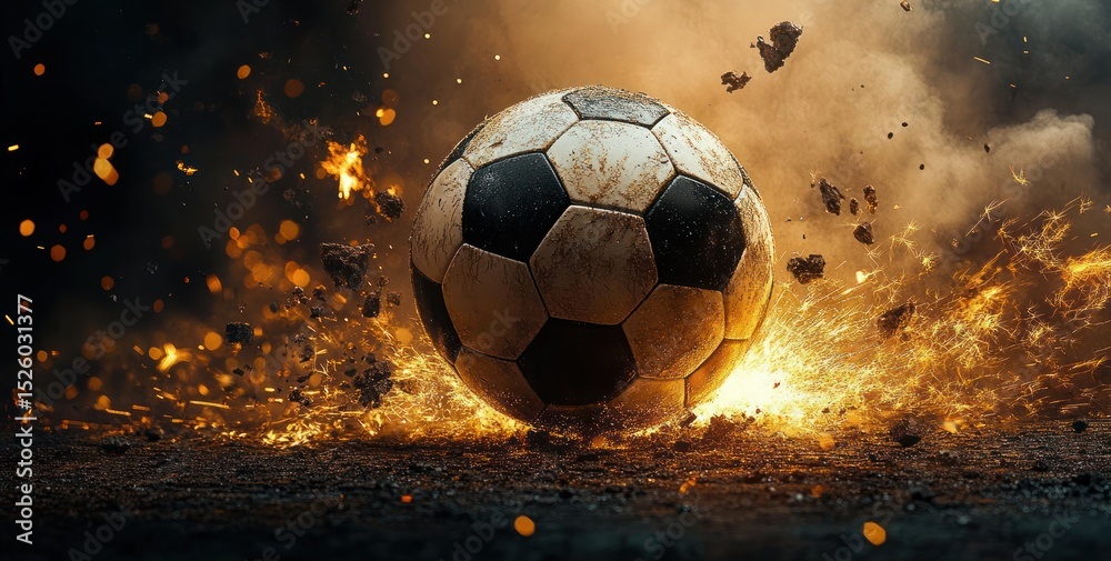 Fototapeta premium Close-up of a worn soccer ball hitting the ground with sparks and debris flying, creating a dramatic and intense fiery impact effect