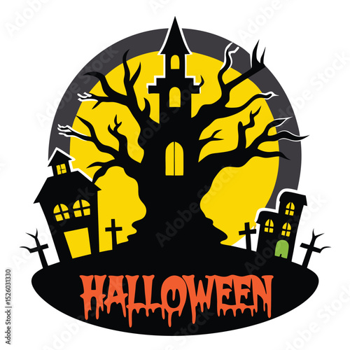 Spooky Halloween Landscape Silhouette of Haunted House, Bare Tree, Graves and Yellow Moon Backdrop