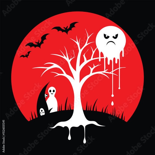 Spooky Halloween Landscape with Bare Tree, Bats, Round Ghost and Hidden Friendly Ghosts