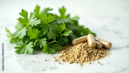 Cilantro Diversity: Fresh Green Leaves, Herbal Powder, and Capsule Extract on White Tile