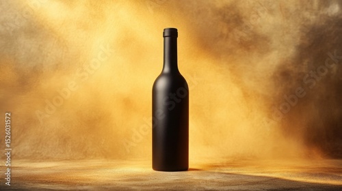 A sleek black wine bottle stands tall whispering secrets against a backdrop of aged gold in soft studio